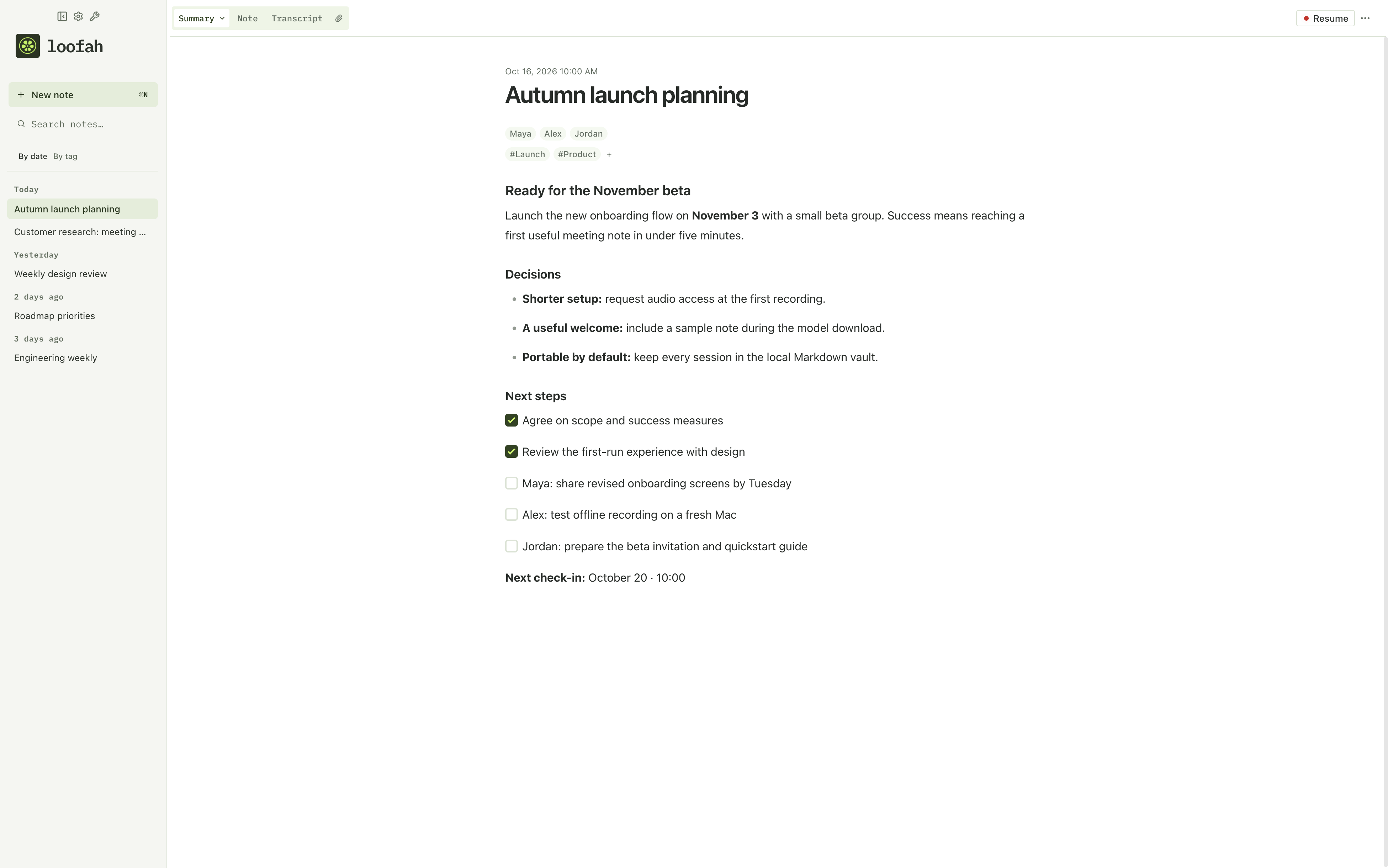 Loofah in the Signal theme showing a sample meeting summary, action items, and recent sessions